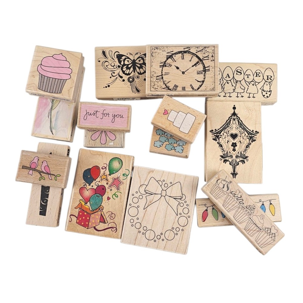 16 Wood Mounted Rubber Stamps‎ Lot Mixed Designs Cupcake Butterfly Easter